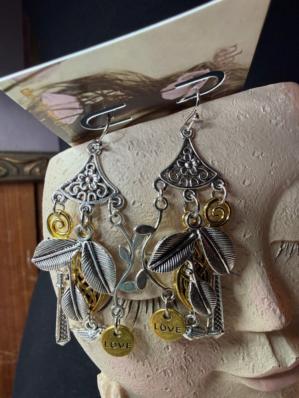 Mixed Metal Leaf & Charm Dangle Earrings - Silver & Gold